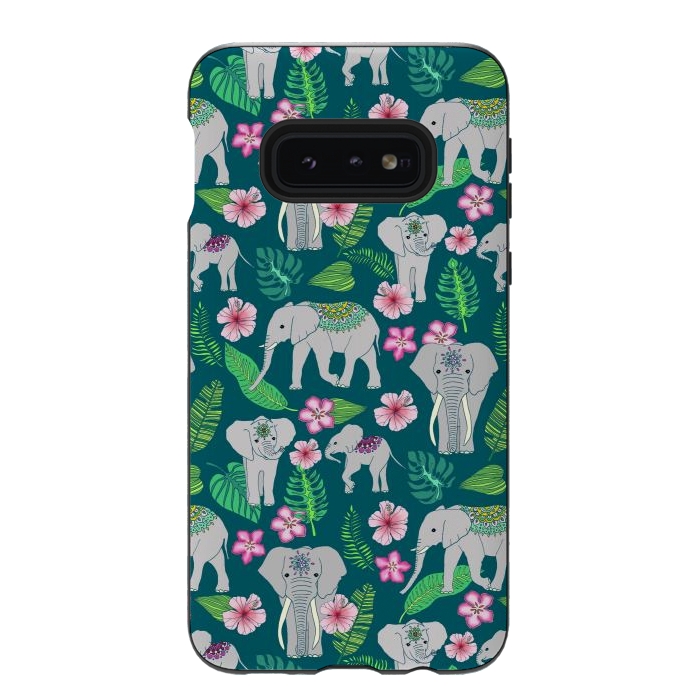 Galaxy S10e StrongFit Elephants of the Jungle on Green by Tangerine-Tane