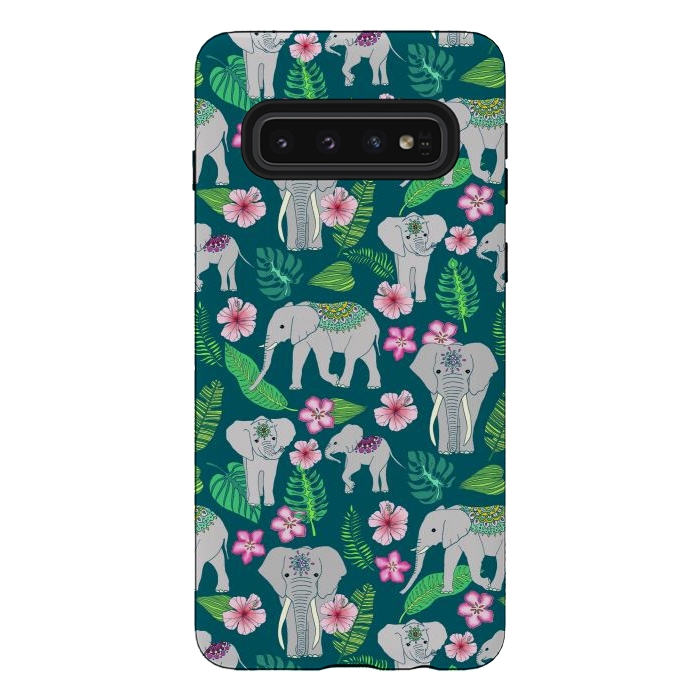 Galaxy S10 StrongFit Elephants of the Jungle on Green by Tangerine-Tane