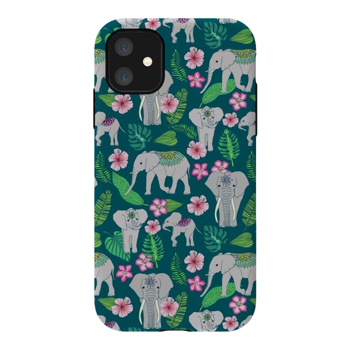 iPhone 11 StrongFit Elephants of the Jungle on Green by Tangerine-Tane