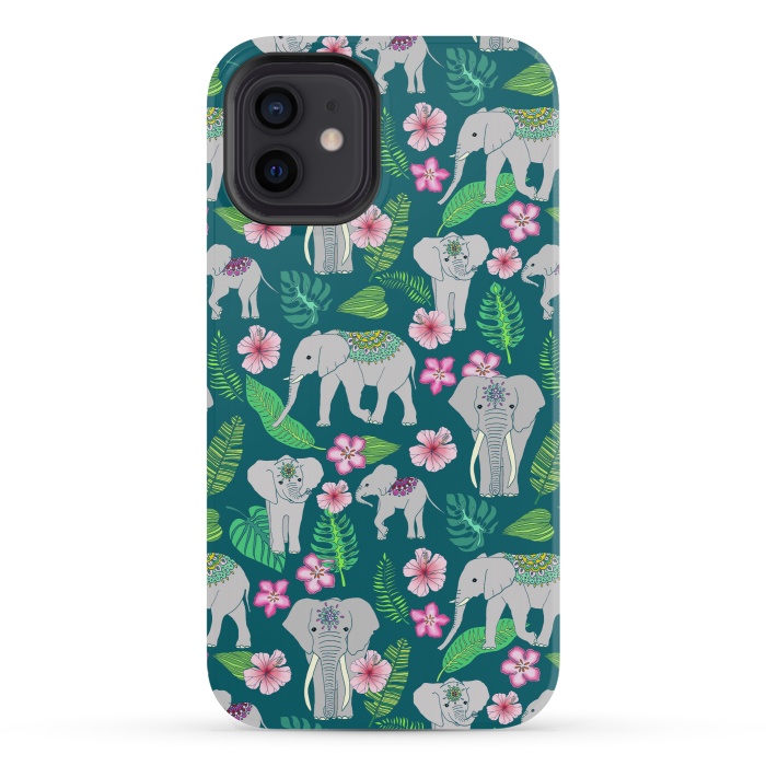 iPhone 12 mini StrongFit Elephants of the Jungle on Green by Tangerine-Tane