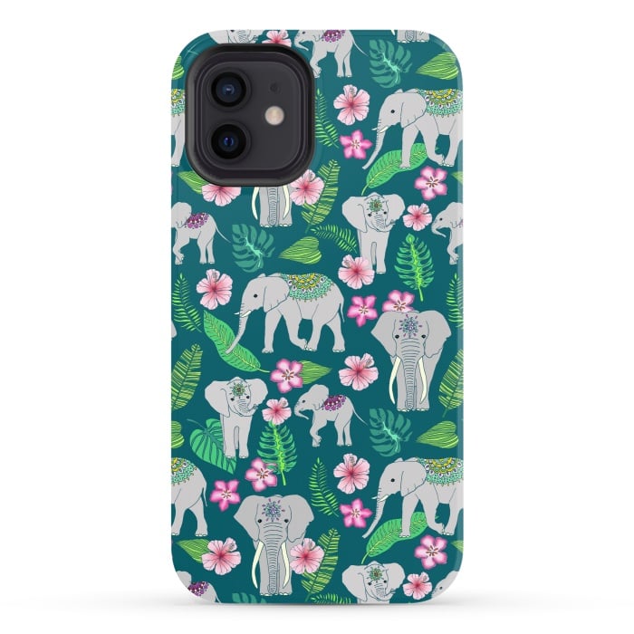iPhone 12 StrongFit Elephants of the Jungle on Green by Tangerine-Tane