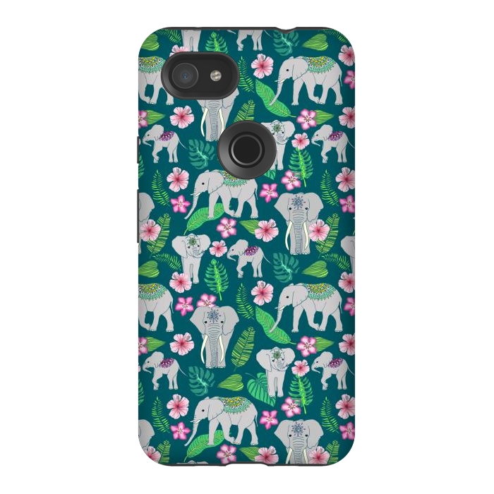 Pixel 3AXL StrongFit Elephants of the Jungle on Green by Tangerine-Tane