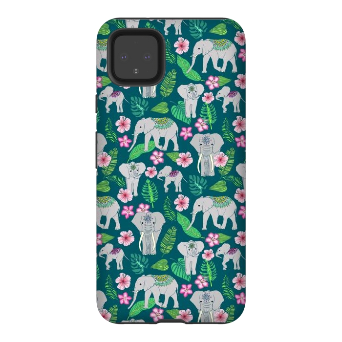 Pixel 4XL StrongFit Elephants of the Jungle on Green by Tangerine-Tane