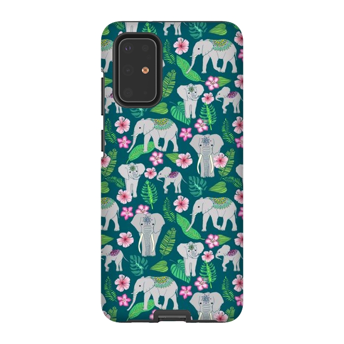 Galaxy S20 Plus StrongFit Elephants of the Jungle on Green by Tangerine-Tane