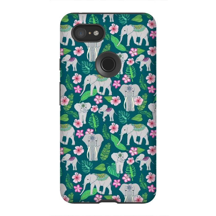 Pixel 3XL StrongFit Elephants of the Jungle on Green by Tangerine-Tane