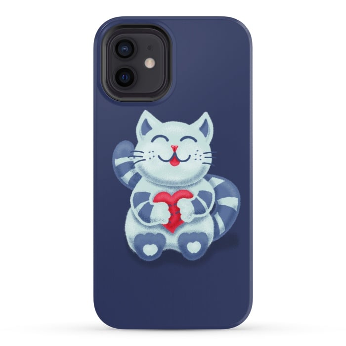 iPhone 12 StrongFit Cute Blue Kitty With Heart In Love by Boriana Giormova