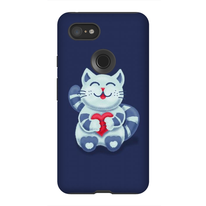 Pixel 3XL StrongFit Cute Blue Kitty With Heart In Love by Boriana Giormova
