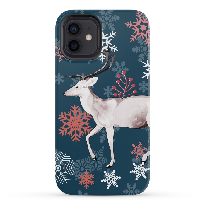iPhone 12 mini StrongFit Reindeer and snowflakes winter illustration by Oana 