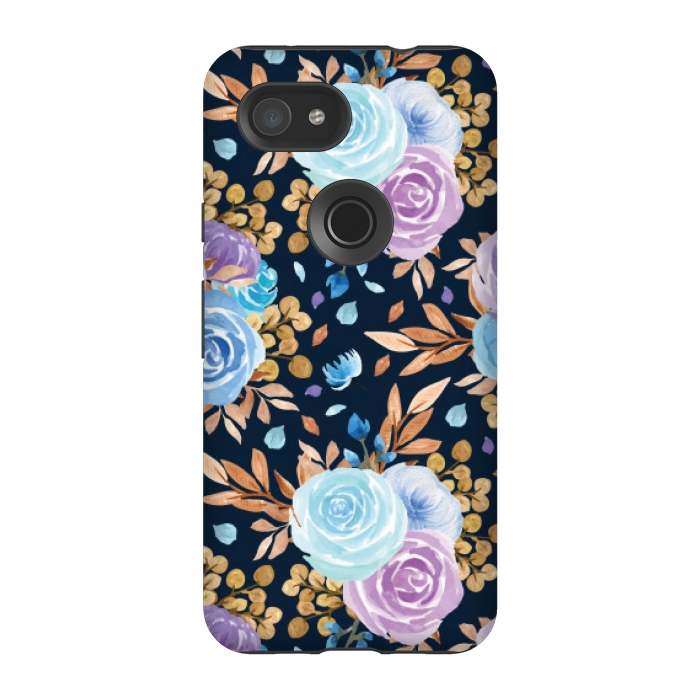 Pixel 3A StrongFit blue purple floral pattern by MALLIKA