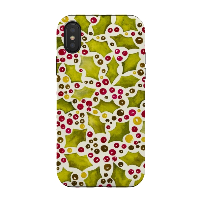iPhone Xs / X StrongFit Watercolour Christmas Holly and Berries Pattern by Paula Ohreen