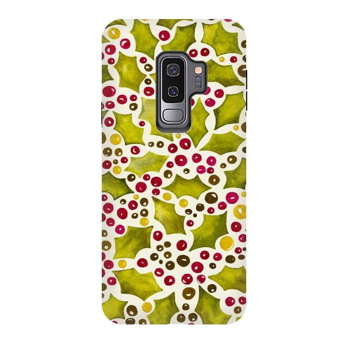 Galaxy S9 plus StrongFit Watercolour Christmas Holly and Berries Pattern by Paula Ohreen