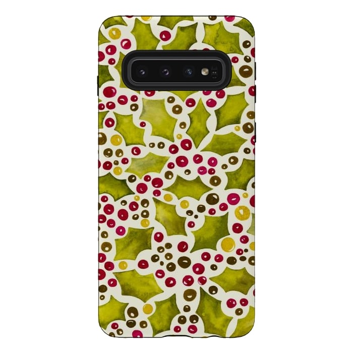 Galaxy S10 StrongFit Watercolour Christmas Holly and Berries Pattern by Paula Ohreen