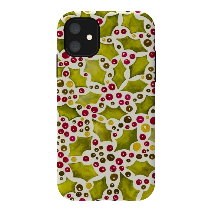 iPhone 11 StrongFit Watercolour Christmas Holly and Berries Pattern by Paula Ohreen