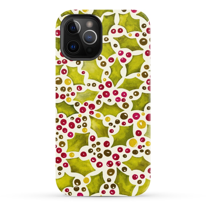iPhone 12 Pro StrongFit Watercolour Christmas Holly and Berries Pattern by Paula Ohreen
