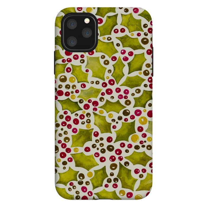iPhone 11 Pro Max StrongFit Watercolour Christmas Holly and Berries Pattern by Paula Ohreen