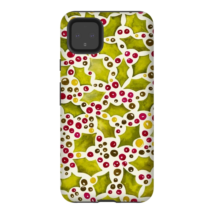 Pixel 4XL StrongFit Watercolour Christmas Holly and Berries Pattern by Paula Ohreen