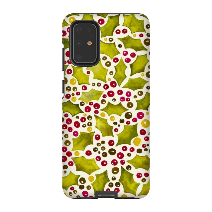 Galaxy S20 Plus StrongFit Watercolour Christmas Holly and Berries Pattern by Paula Ohreen