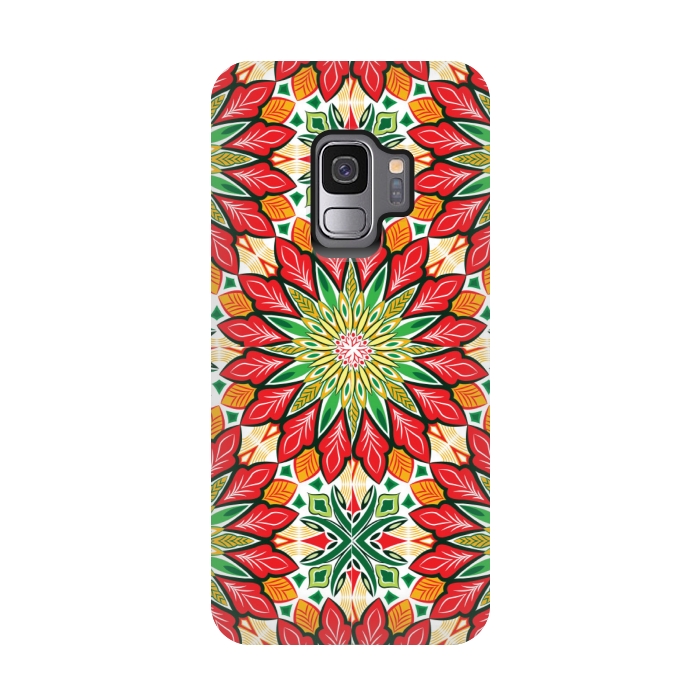 Galaxy S9 StrongFit ORANGE RED FLORAL GREEN PRINT by MALLIKA