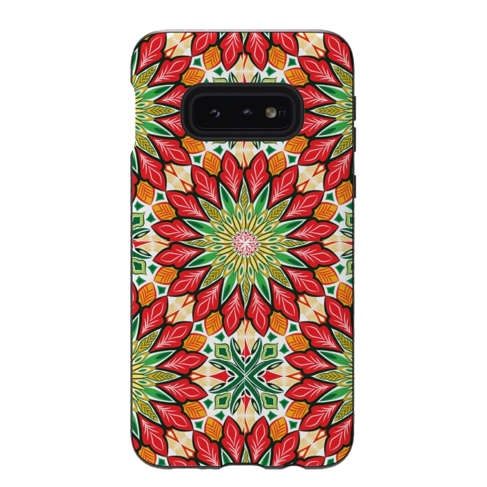 Galaxy S10e StrongFit ORANGE RED FLORAL GREEN PRINT by MALLIKA