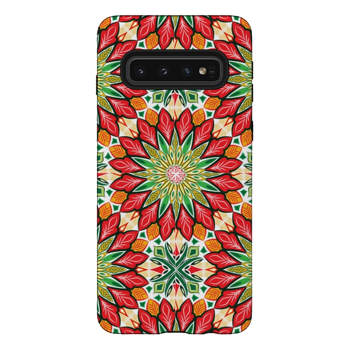 Galaxy S10 StrongFit ORANGE RED FLORAL GREEN PRINT by MALLIKA