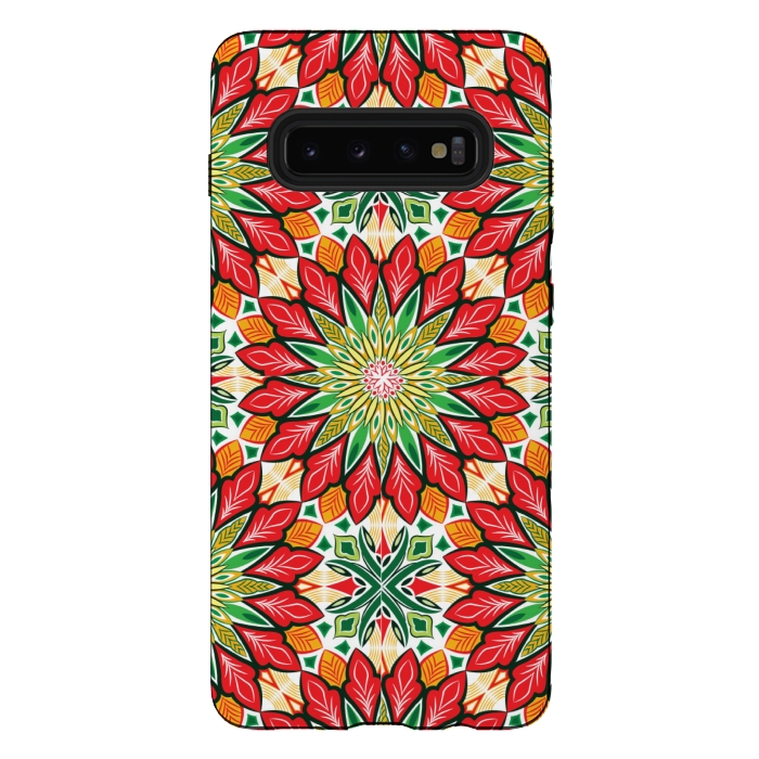 Galaxy S10 plus StrongFit ORANGE RED FLORAL GREEN PRINT by MALLIKA