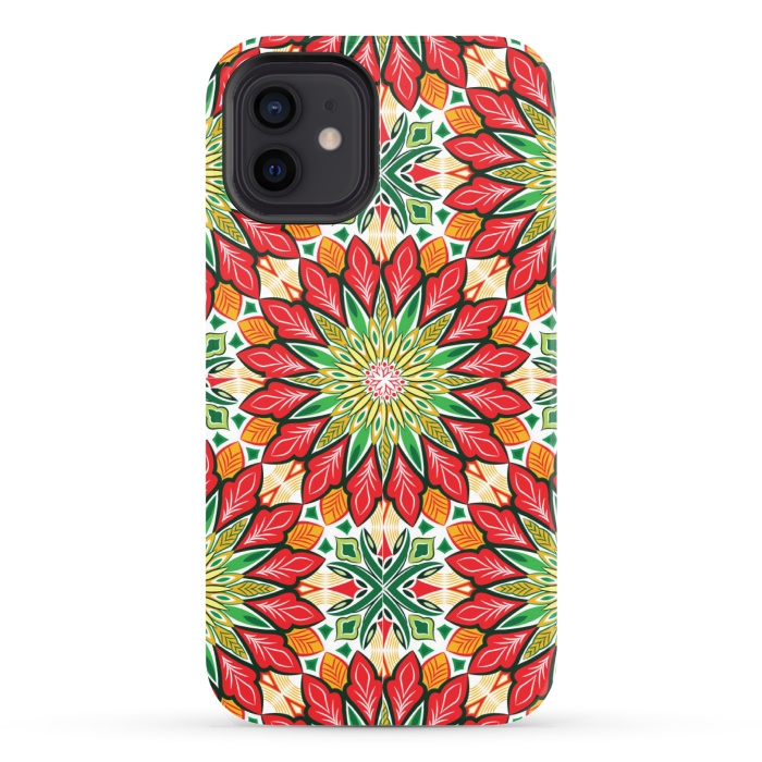 iPhone 12 StrongFit ORANGE RED FLORAL GREEN PRINT by MALLIKA