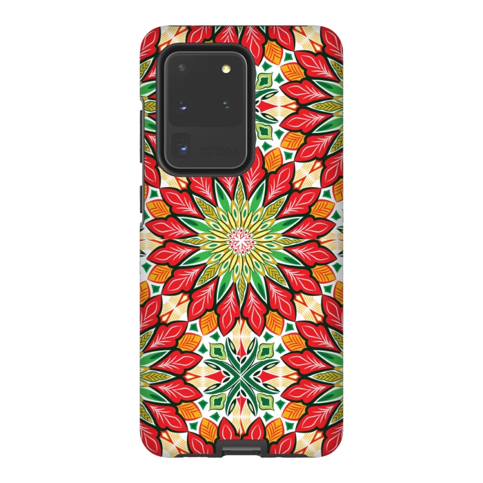 Galaxy S20 Ultra StrongFit ORANGE RED FLORAL GREEN PRINT by MALLIKA