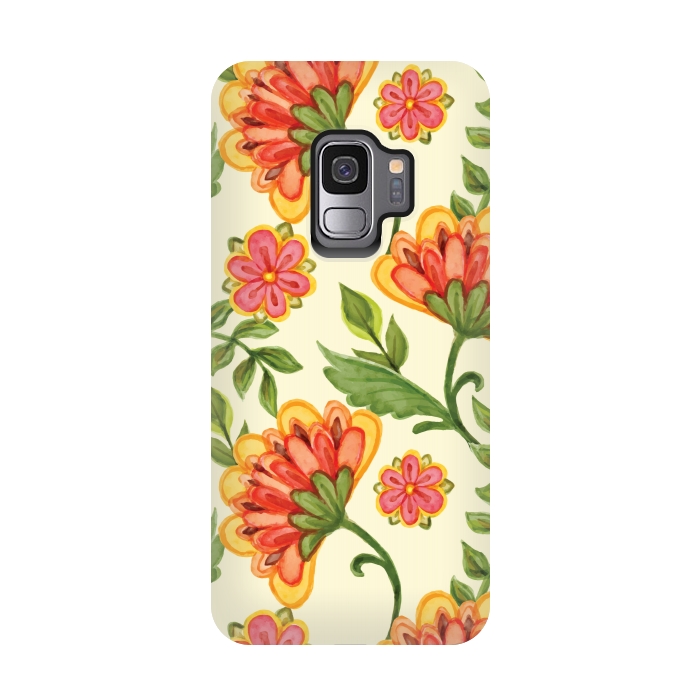 Galaxy S9 StrongFit red yellow green floral pattern by MALLIKA