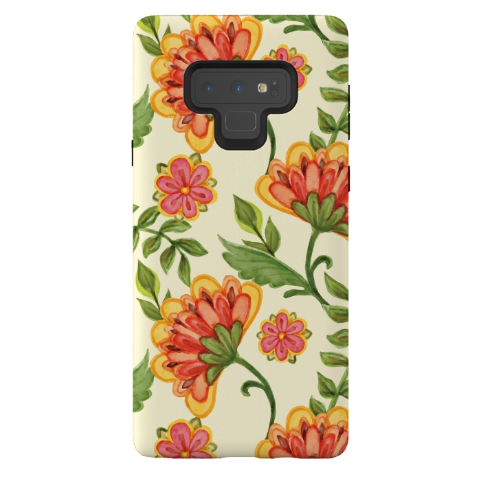 Galaxy Note 9 StrongFit red yellow green floral pattern by MALLIKA