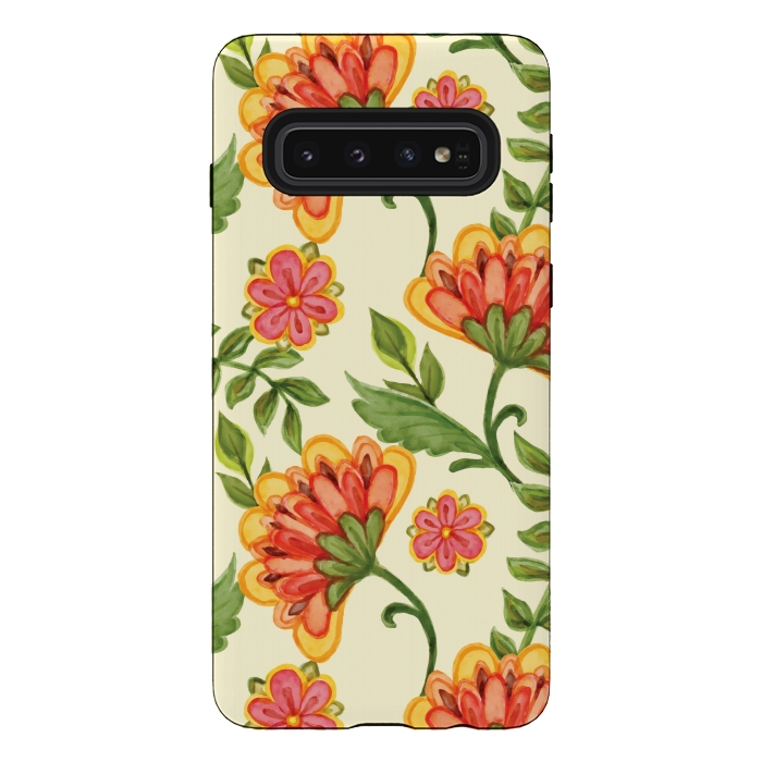 Galaxy S10 StrongFit red yellow green floral pattern by MALLIKA