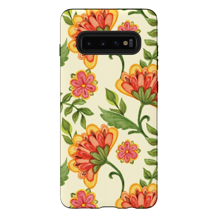 Galaxy S10 plus StrongFit red yellow green floral pattern by MALLIKA