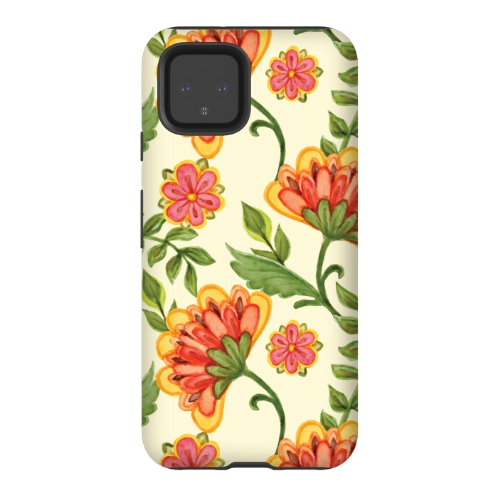 Pixel 4 StrongFit red yellow green floral pattern by MALLIKA