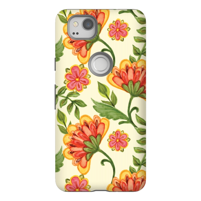 Pixel 2 StrongFit red yellow green floral pattern by MALLIKA