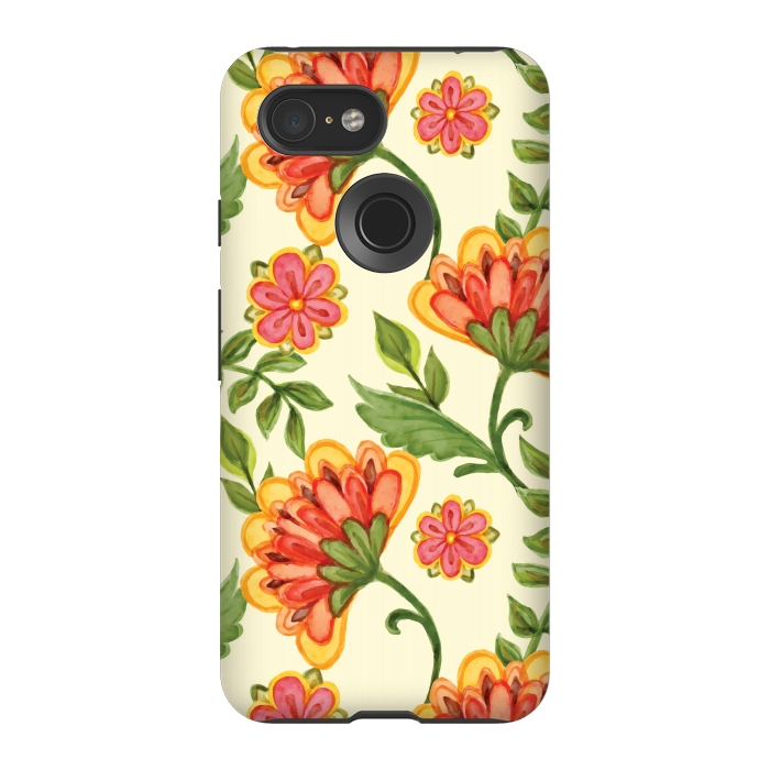 Pixel 3 StrongFit red yellow green floral pattern by MALLIKA