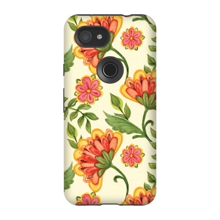 Pixel 3A StrongFit red yellow green floral pattern by MALLIKA
