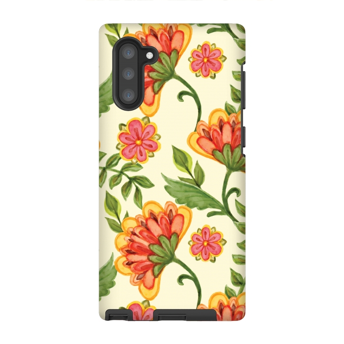 Galaxy Note 10 StrongFit red yellow green floral pattern by MALLIKA