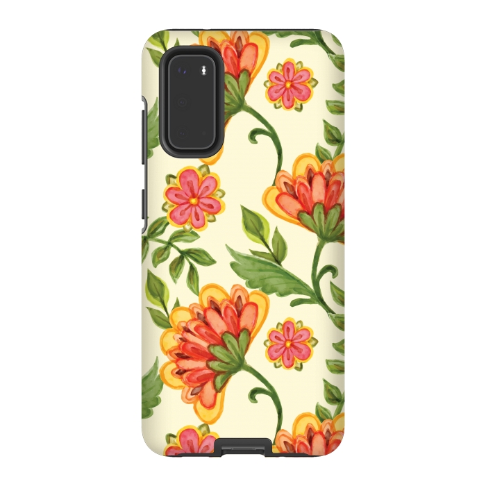 Galaxy S20 StrongFit red yellow green floral pattern by MALLIKA