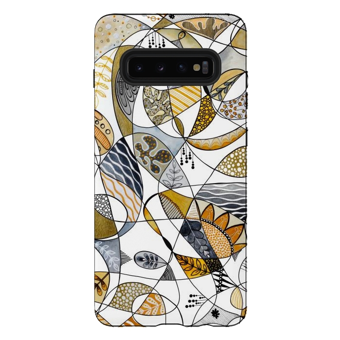 Galaxy S10 plus StrongFit Continuous Line Abstract Art in Grey and Yellow by Paula Ohreen