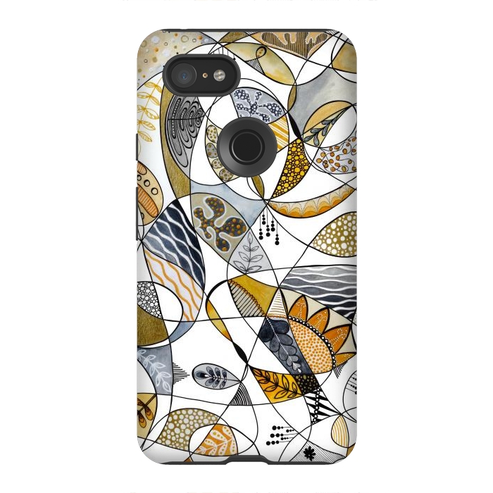 Pixel 3XL StrongFit Continuous Line Abstract Art in Grey and Yellow by Paula Ohreen