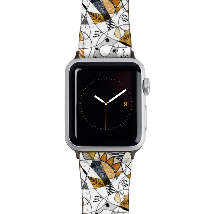 Watch 42mm / 44mm Strap PU leather Continuous Line Abstract Art in Grey and Yellow by Paula Ohreen