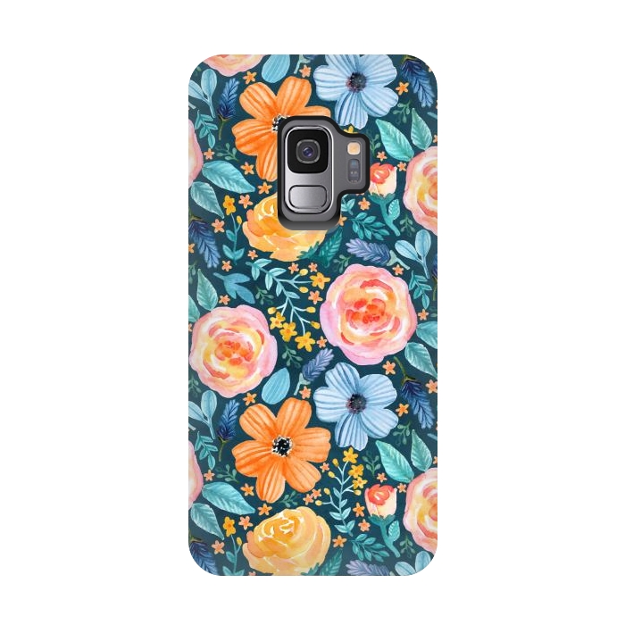 Galaxy S9 StrongFit Bold Blooms on Dark Teal by Tangerine-Tane
