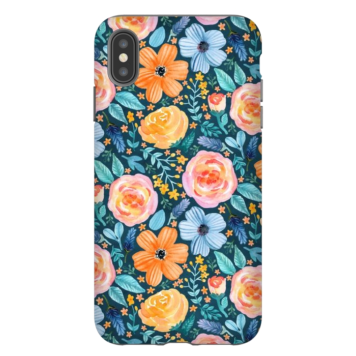 iPhone Xs Max StrongFit Bold Blooms on Dark Teal by Tangerine-Tane