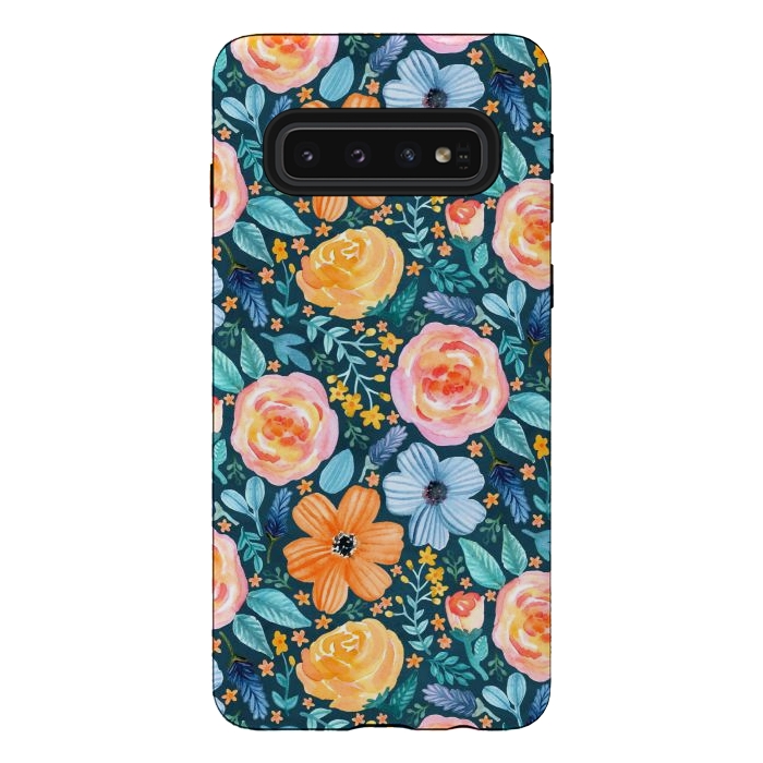 Galaxy S10 StrongFit Bold Blooms on Dark Teal by Tangerine-Tane