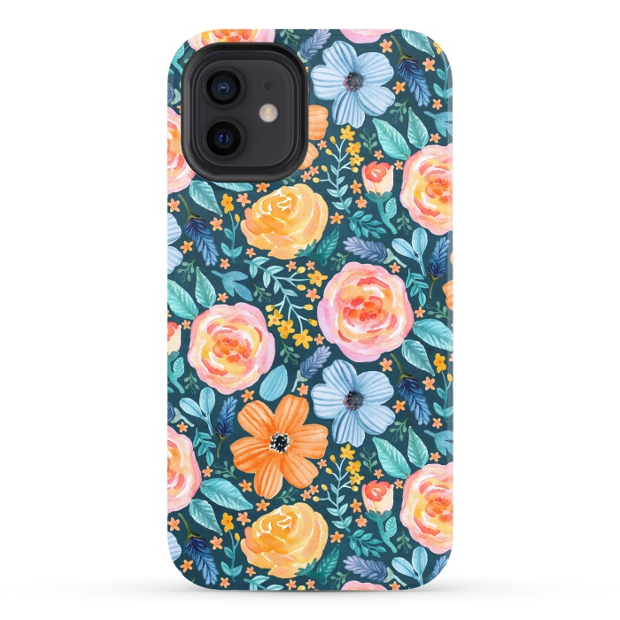 iPhone 12 StrongFit Bold Blooms on Dark Teal by Tangerine-Tane