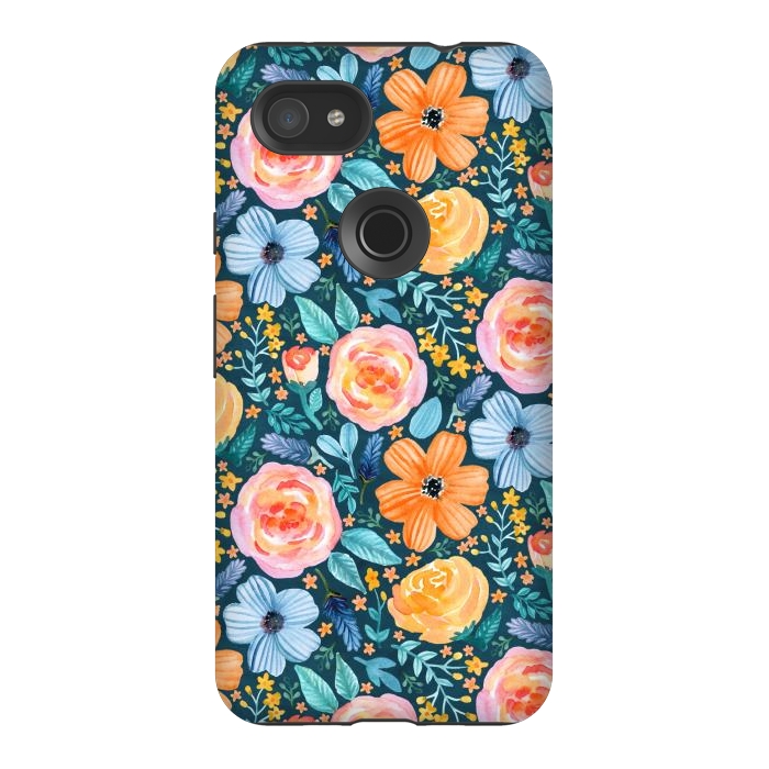 Pixel 3AXL StrongFit Bold Blooms on Dark Teal by Tangerine-Tane