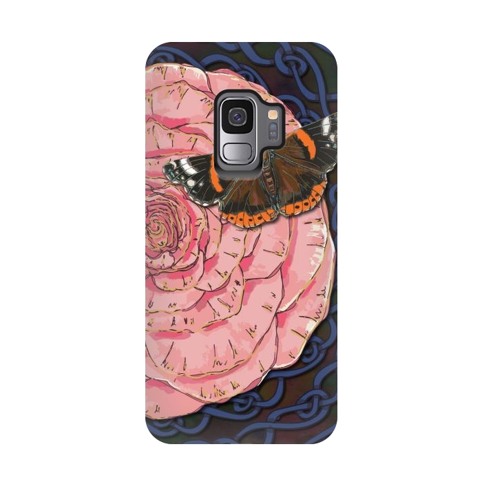 Galaxy S9 StrongFit Pink Rose and Butterfly by Lotti Brown
