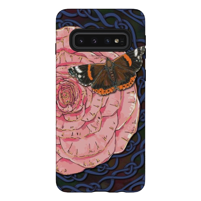 Galaxy S10 StrongFit Pink Rose and Butterfly by Lotti Brown