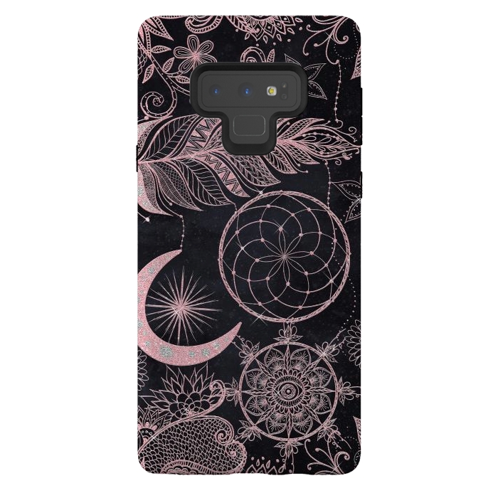 Galaxy Note 9 StrongFit Rose Gold Glitter Dreamcatcher Feathers Mandala by InovArts