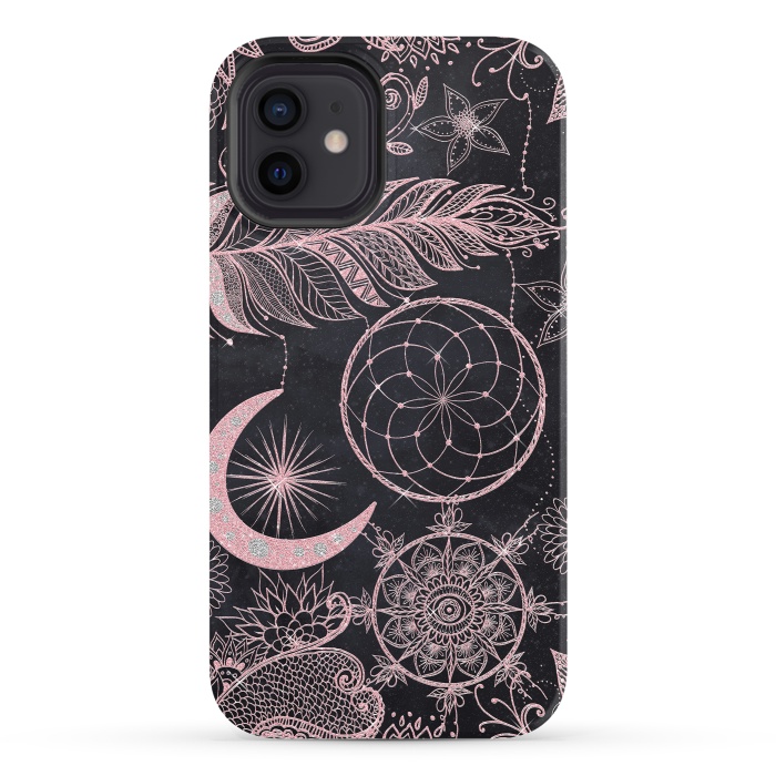 iPhone 12 StrongFit Rose Gold Glitter Dreamcatcher Feathers Mandala por InovArts
