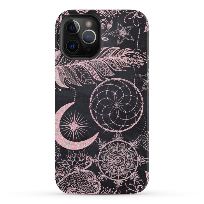 iPhone 12 Pro StrongFit Rose Gold Glitter Dreamcatcher Feathers Mandala by InovArts